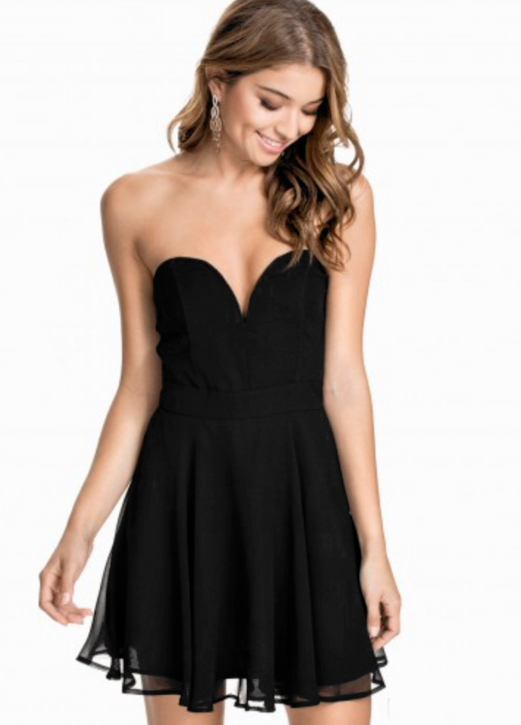 Чорна коктейльна шифонова міні сукня кльош, бебі долл, з пишною спідницею, з відкритими плечима NLY однотонна