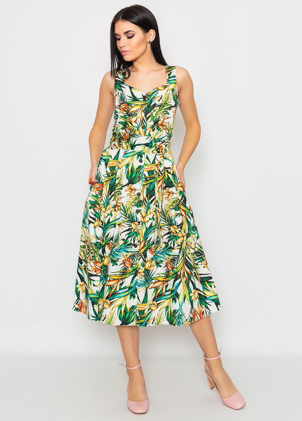 Зеленое кэжуал платье клеш Seam с цветочным принтом