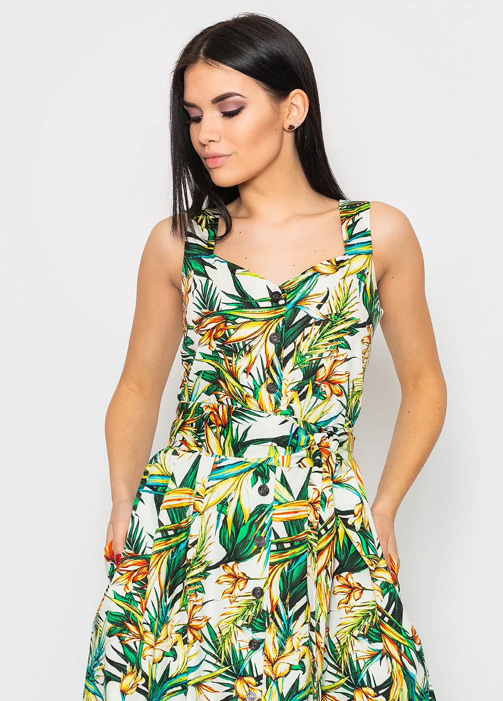 Зеленое кэжуал платье клеш Seam с цветочным принтом