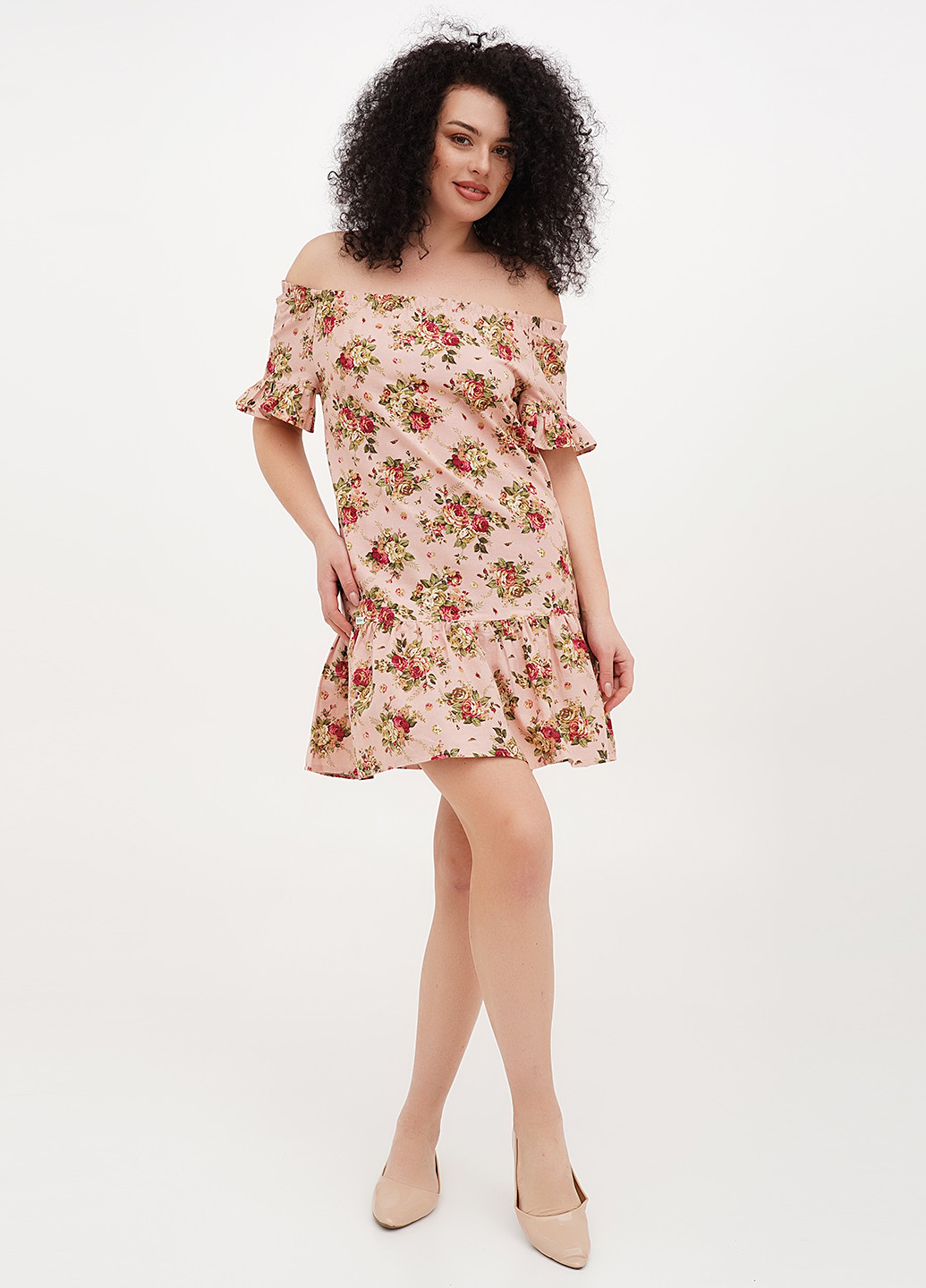 Світло-рожева кежуал сукня з відкритими плечима Silence з квітковим принтом