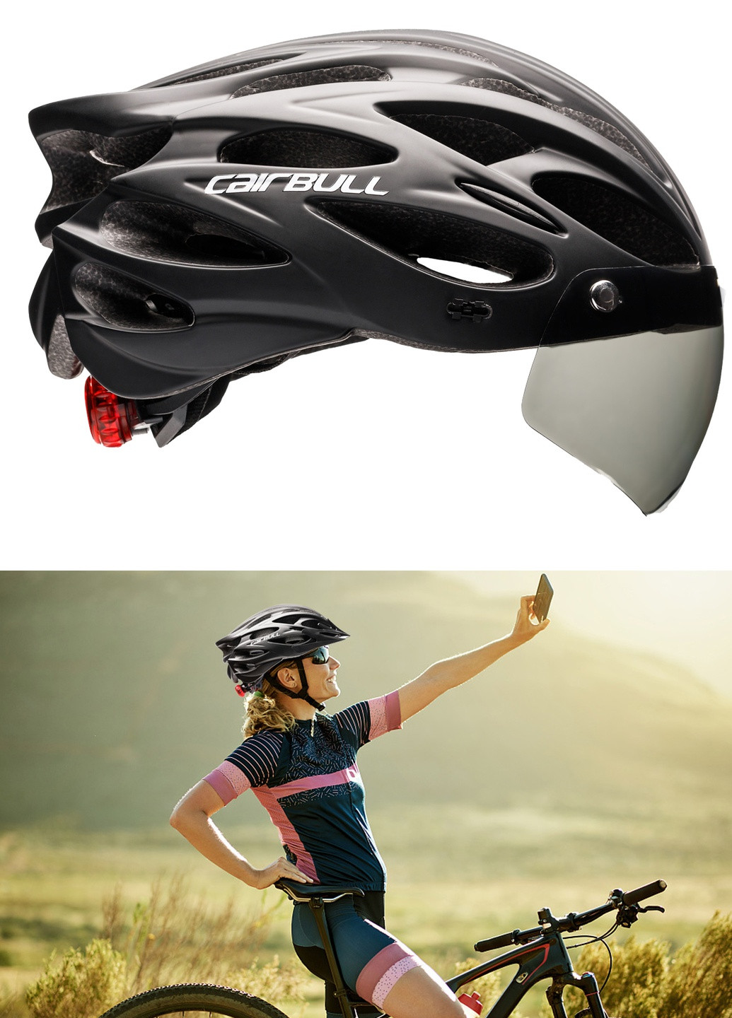 Велосипедный шлем с визором, габаритным LED фонарем, защитный велошлем мужской и женский Cairbull (252818602)