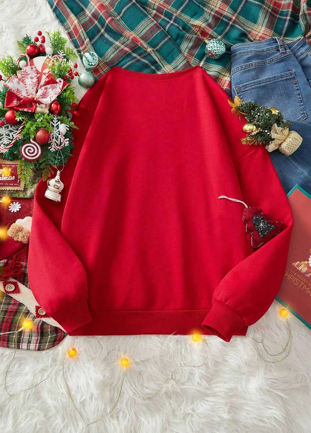 SHEIN свитшот новогодний красный кэжуал полиэстер, трикотаж с начесом