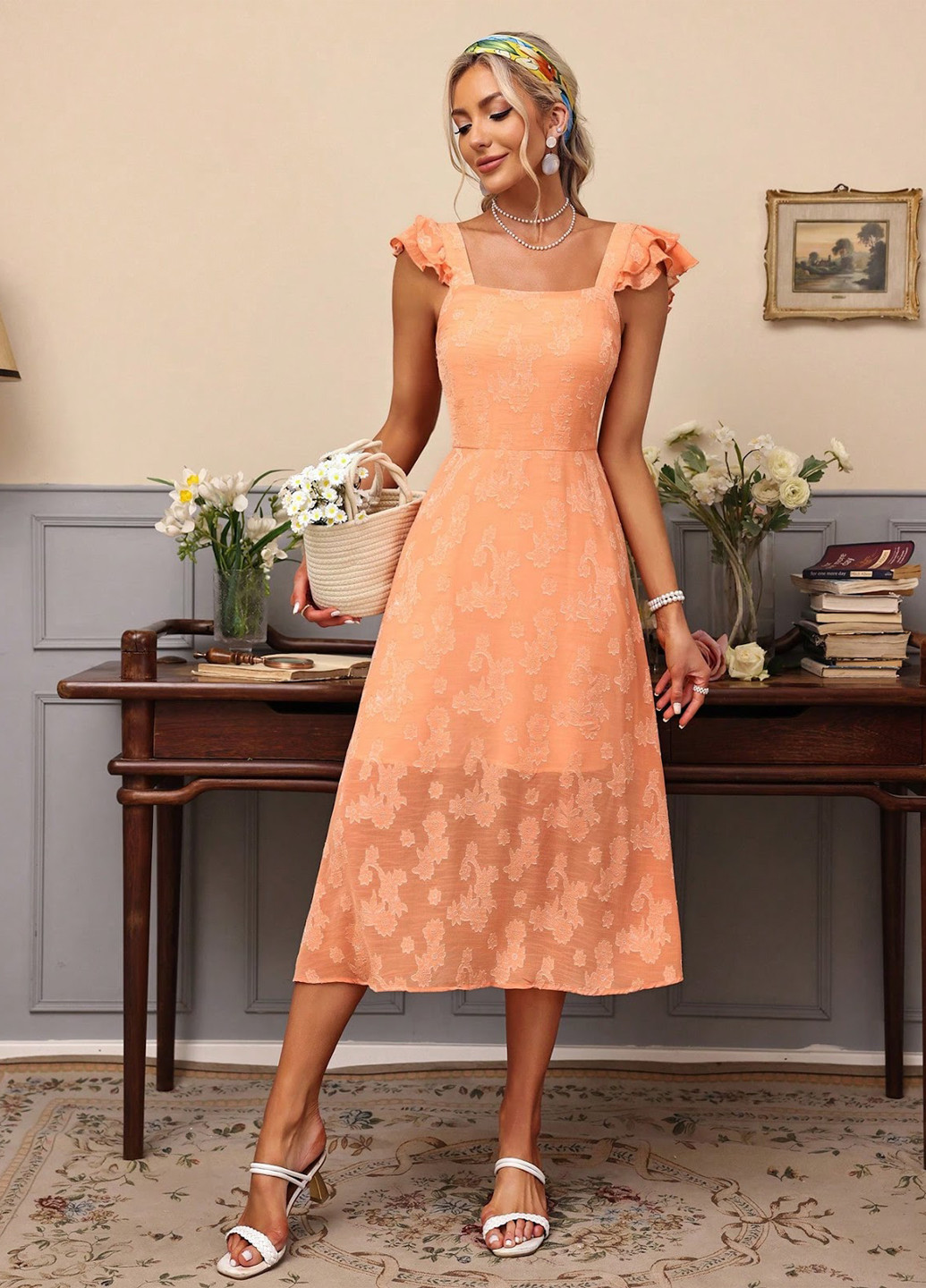 Оранжевое кэжуал платье а-силуэт SHEIN однотонное