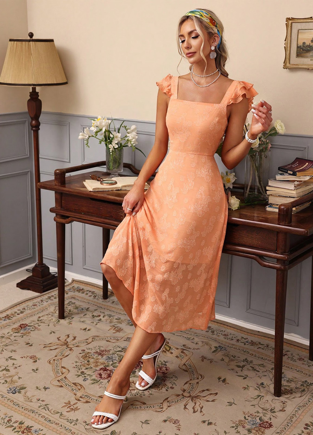 Оранжевое кэжуал платье а-силуэт SHEIN однотонное