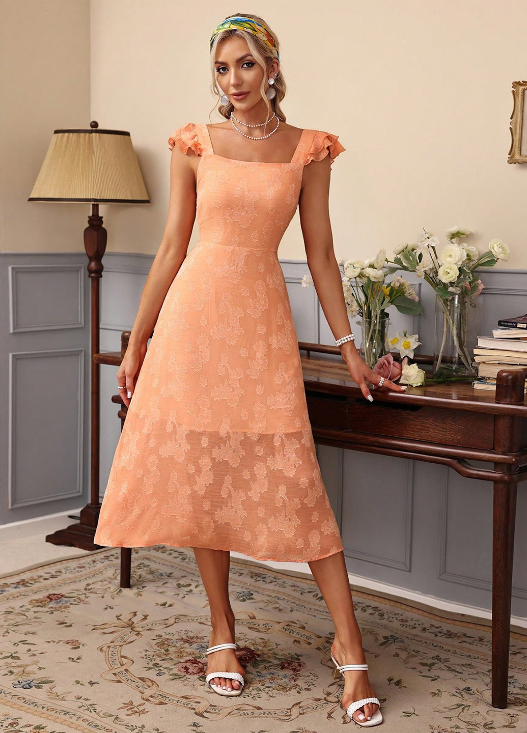 Оранжевое кэжуал платье а-силуэт SHEIN однотонное