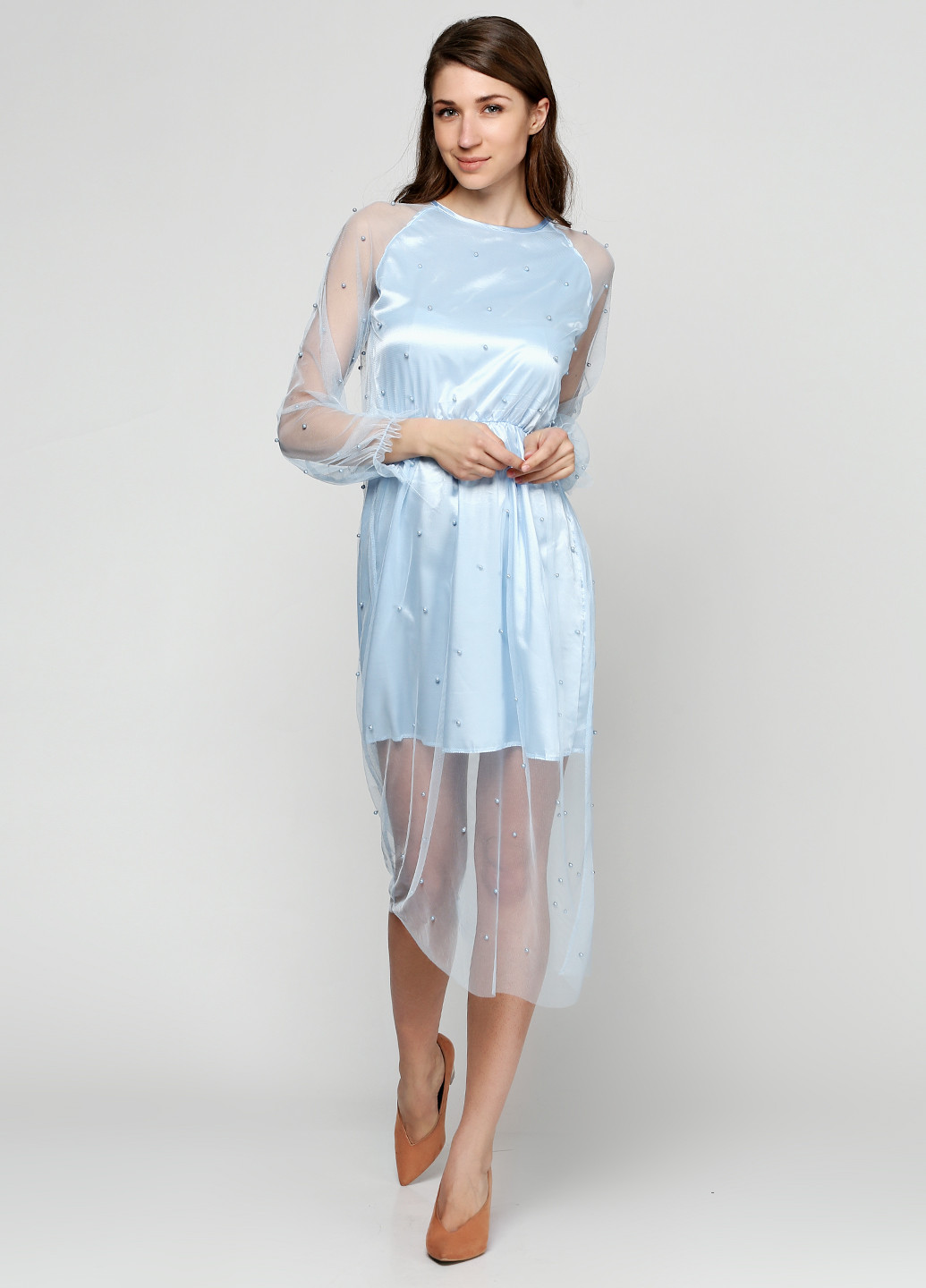 Светло-голубое коктейльное платье No Brand однотонное