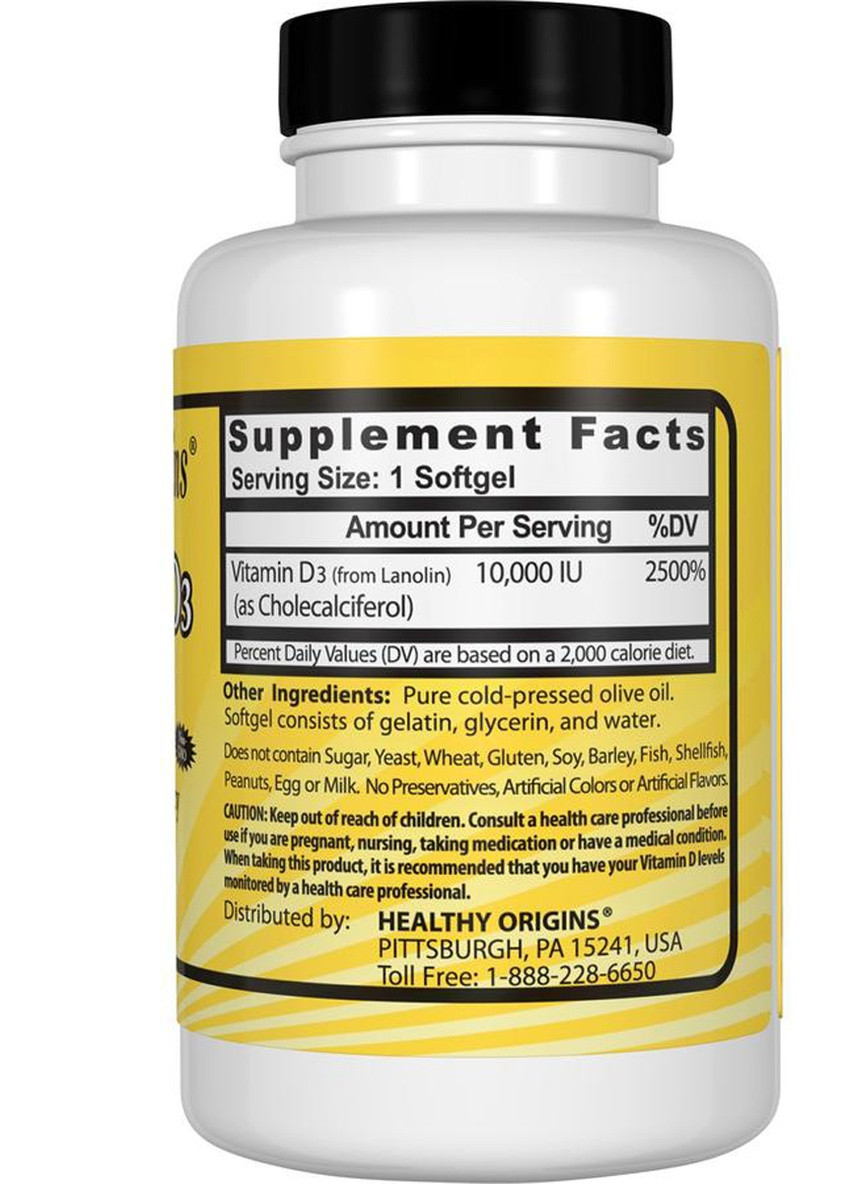 Витамин D3, Vitamin D3, 10000 IU,, 30 капсул Healthy Origins