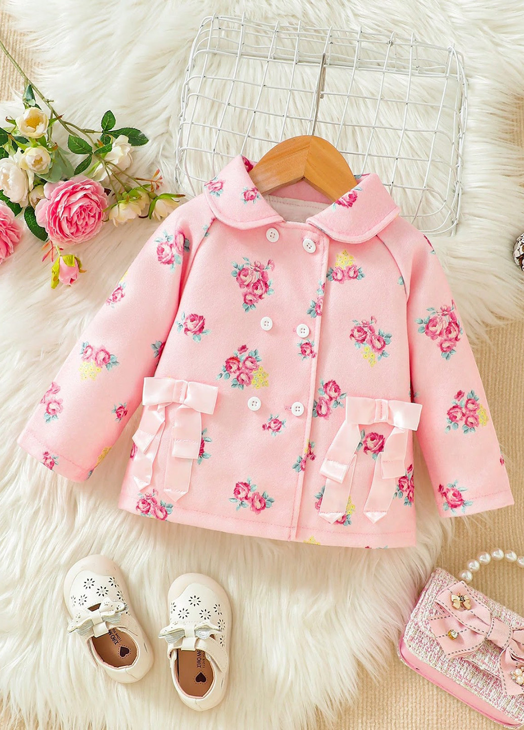 Світло-рожеве Кежуал напівпальто двобортне SHEIN троянди