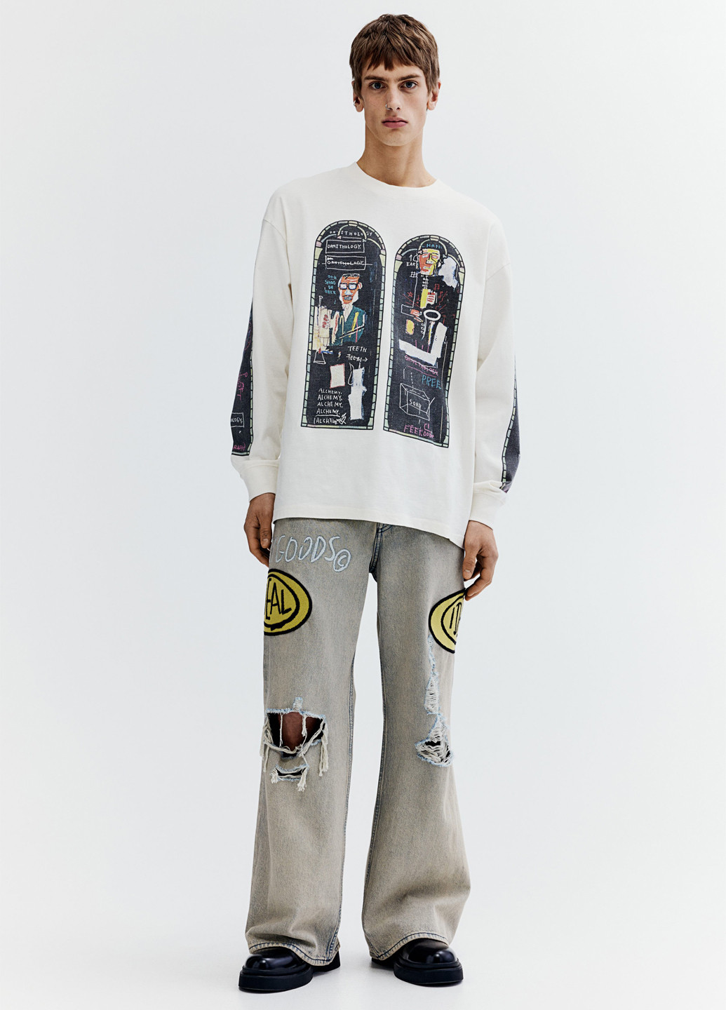 Лонгслів H&M малюнок молочний кежуали бавовна, трикотаж