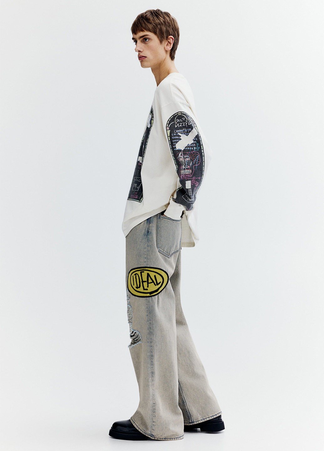 Лонгслів H&M малюнок молочний кежуали бавовна, трикотаж