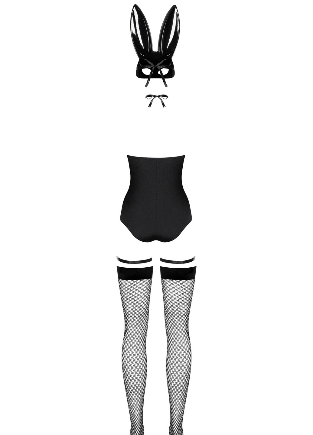 Черный демисезонный эротический игровой костюм (боди, чулки, подвязки, лента на шею, маска) Obsessive