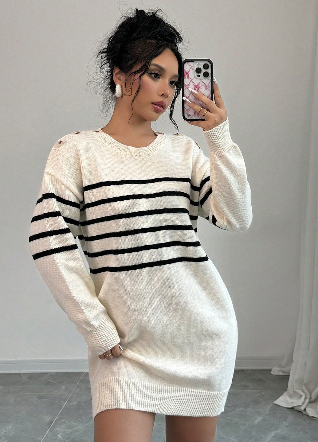 Белое кэжуал платье платье-свитер SHEIN в полоску