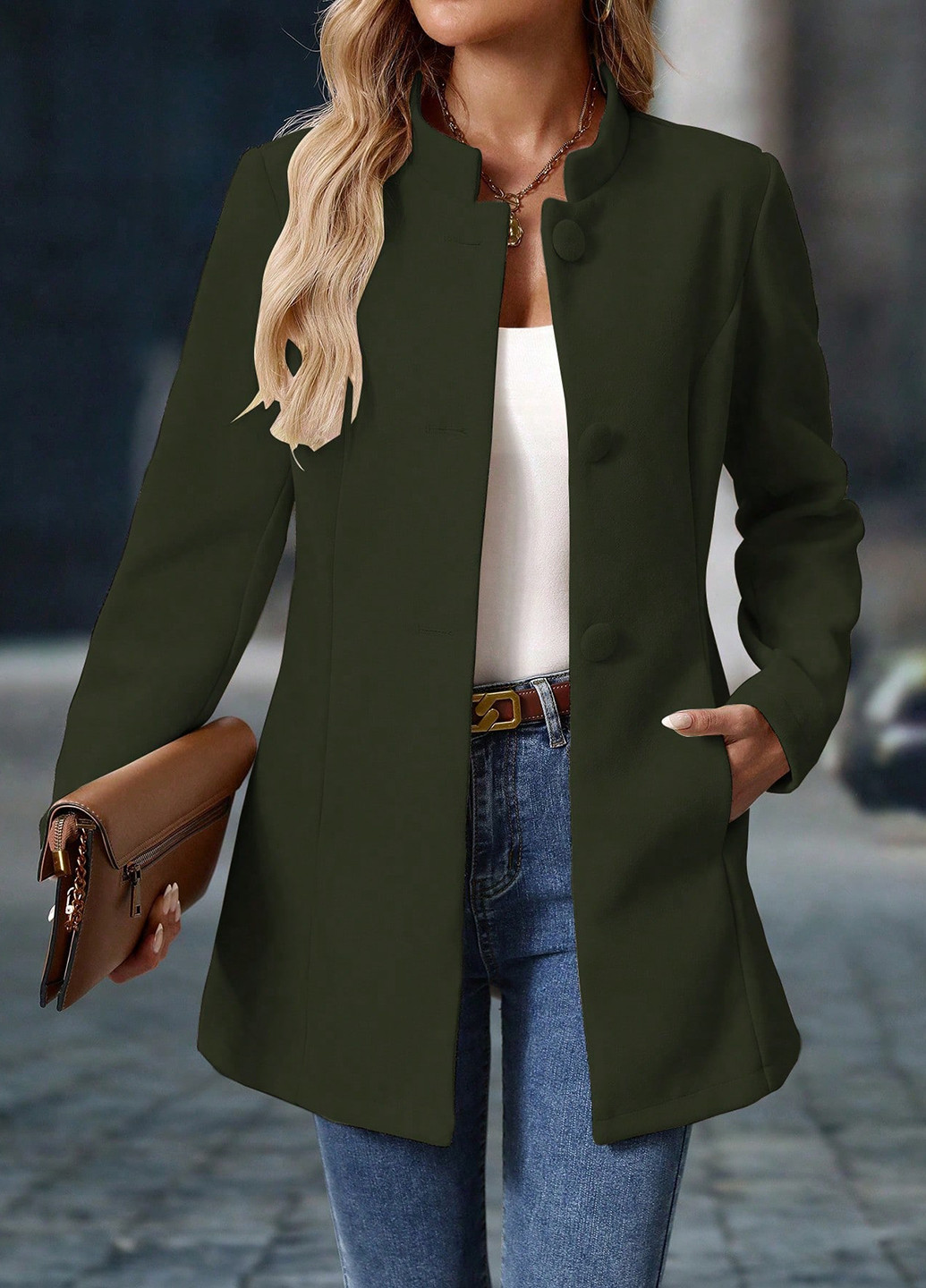 Оливкове (хакі) Кежуал напівпальто однобортне SHEIN однотонне