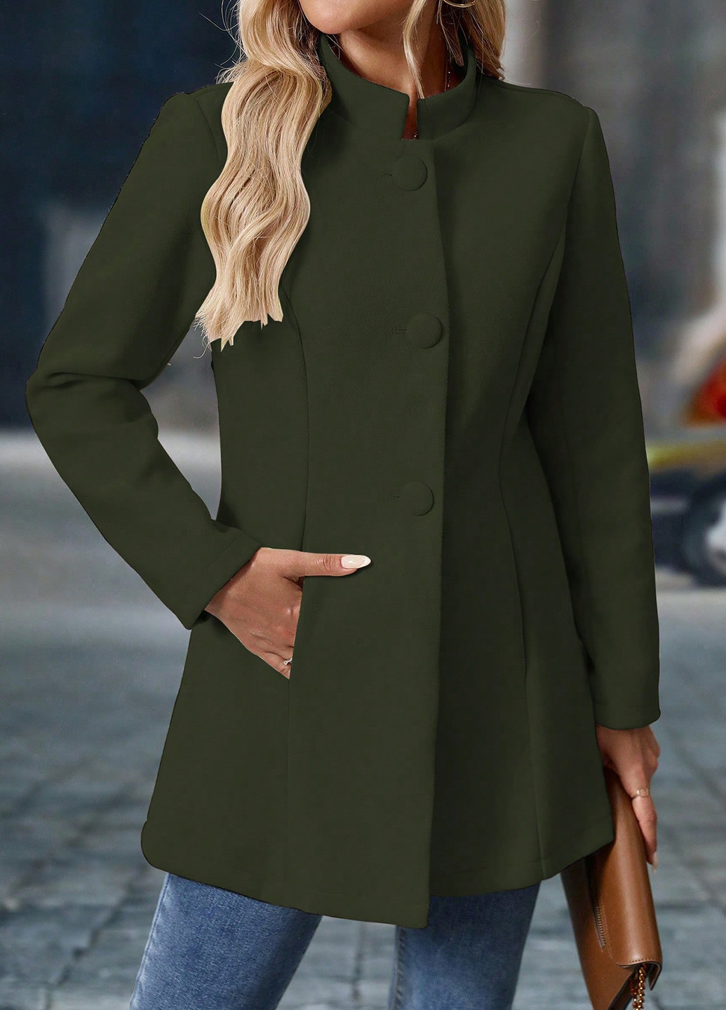 Оливкове (хакі) Кежуал напівпальто однобортне SHEIN однотонне