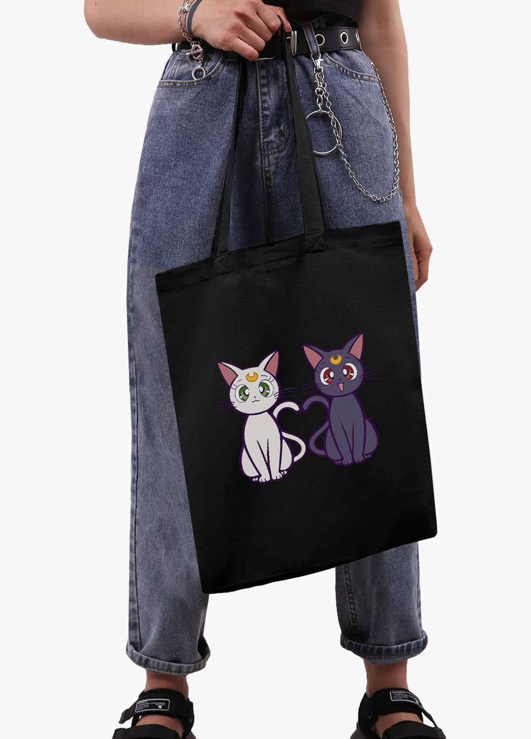 Еко сумка шоппер чорна Місяць Кішки Сейлор Мун (anime Sailor Moon Cats) (9227-2849-BK-1) Еко сумка шоппер чорна 41*35 см MobiPrint (221682975)