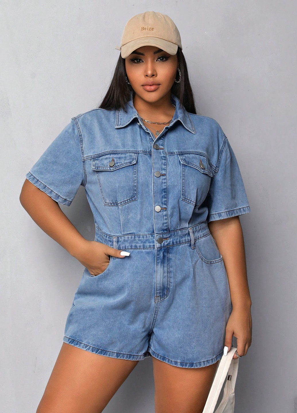 Комбинезон SHEIN комбинезон-шорты однотонный голубой денил хлопок, джинс