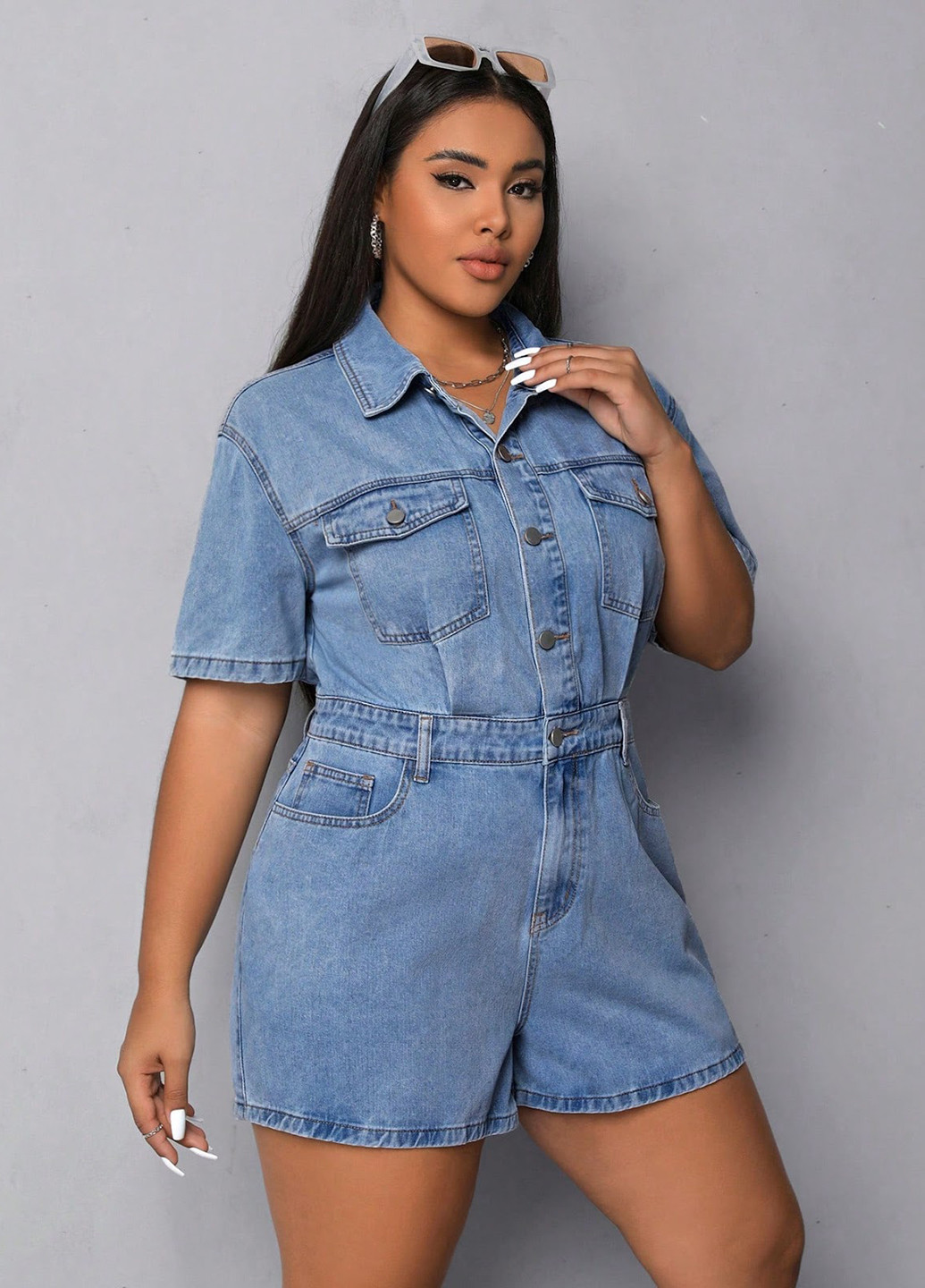 Комбинезон SHEIN комбинезон-шорты однотонный голубой денил хлопок, джинс