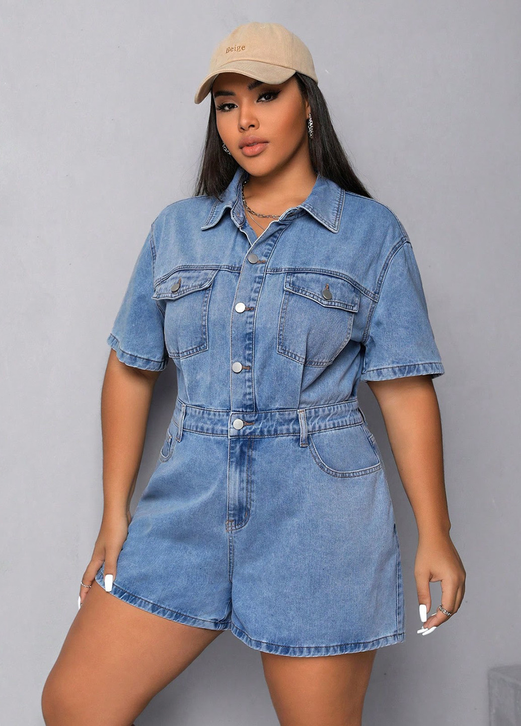 Комбинезон SHEIN комбинезон-шорты однотонный голубой денил хлопок, джинс