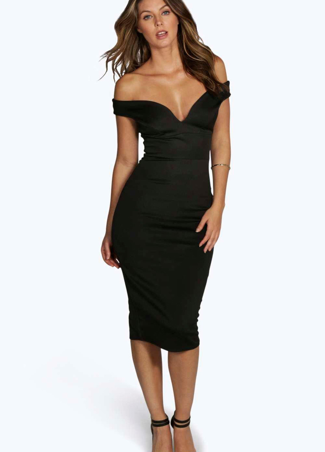 Черное кэжуал, коктейльное платье с открытыми плечами Boohoo однотонное