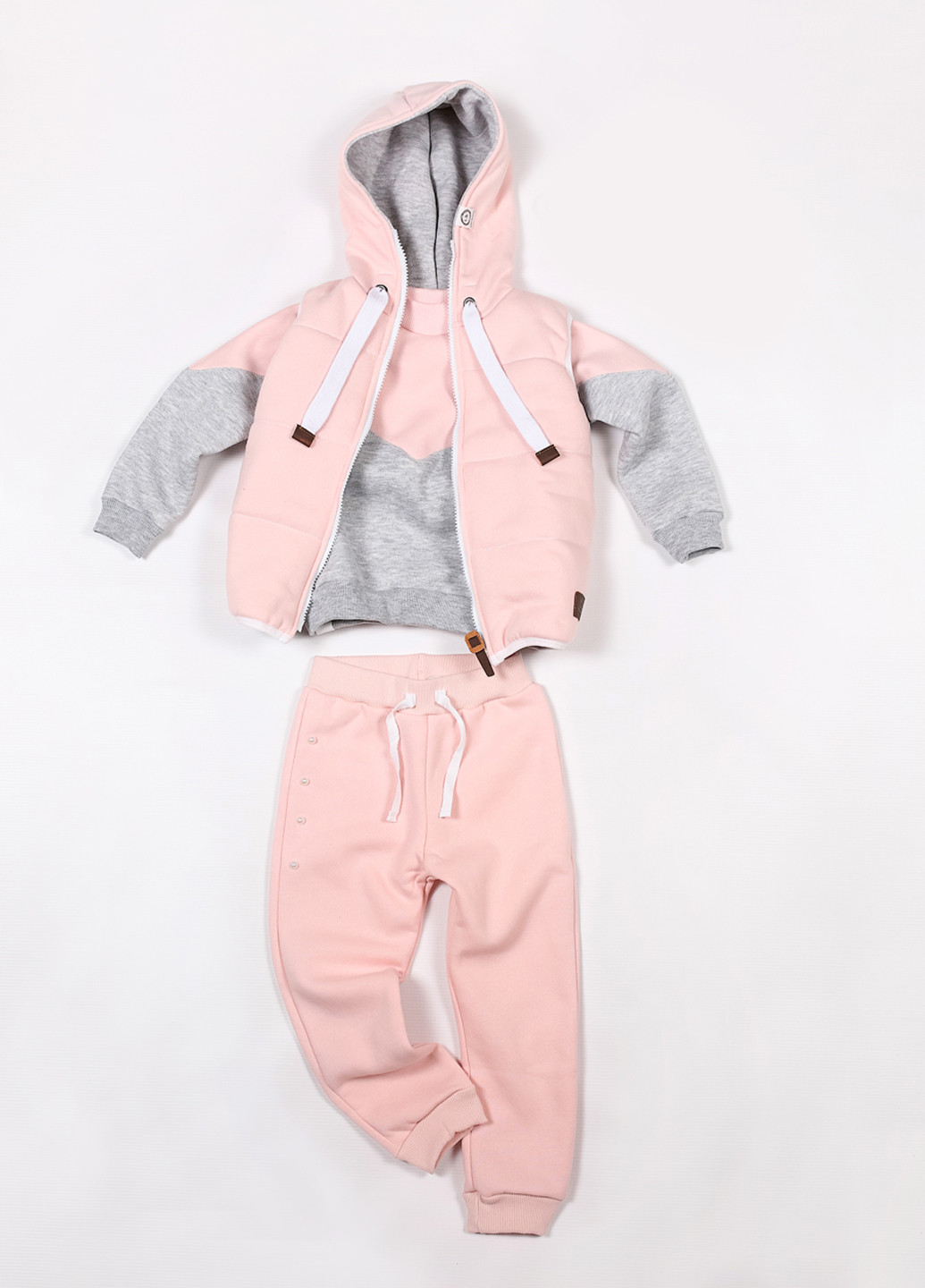Світло-рожевий демісезонний костюм спортивний (жилет, світшот, брюки) трійка Little Bunny