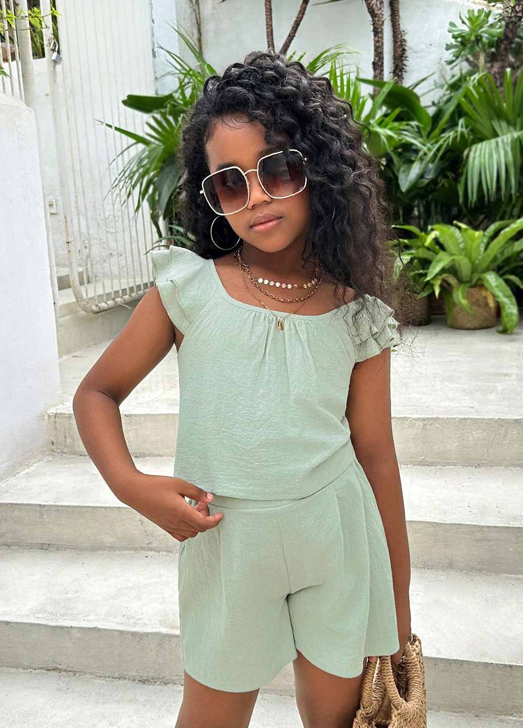 М'ятний демісезонний костюм (блуза, шорти) з шортами SHEIN