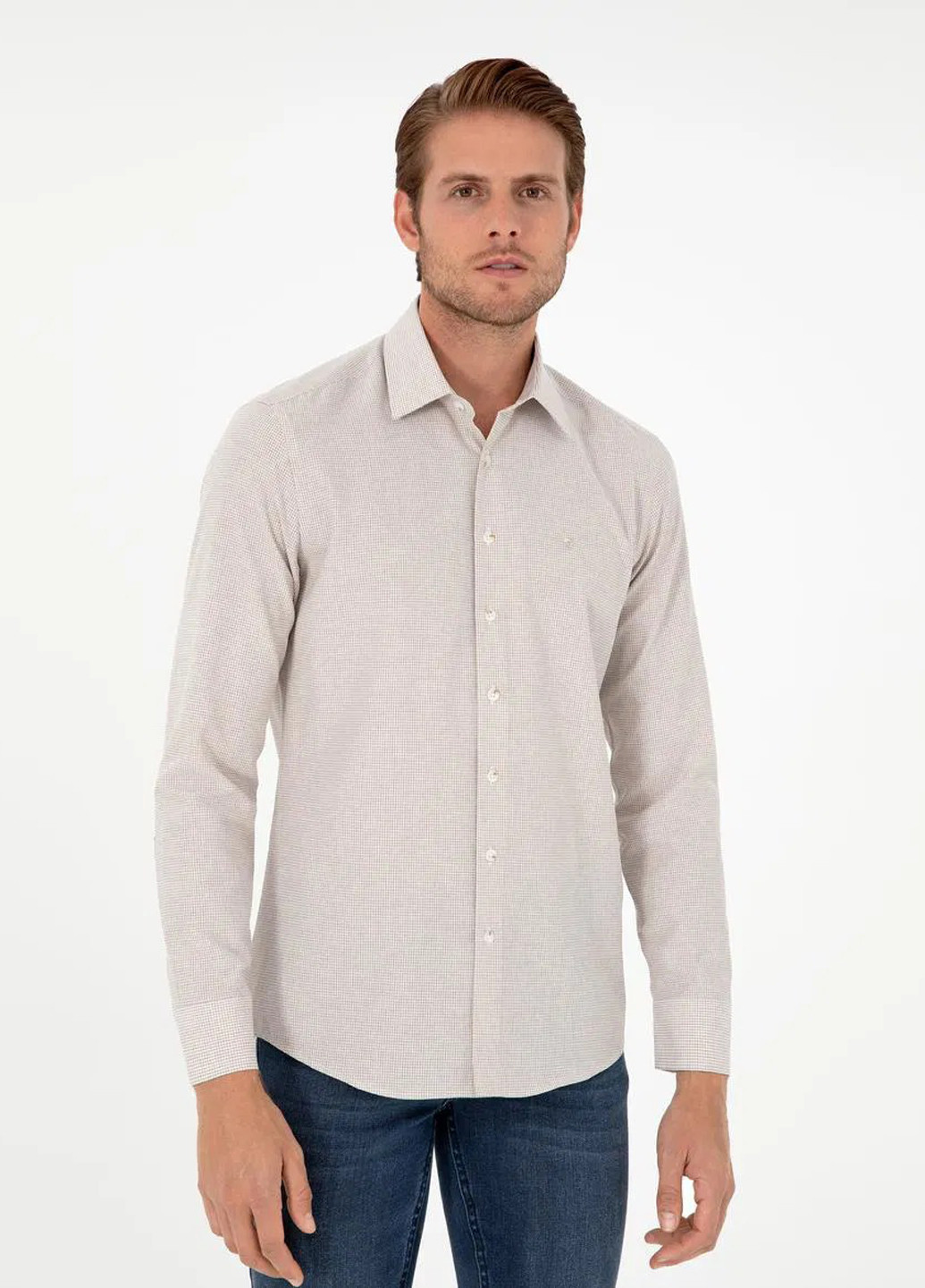 Бежевая кэжуал рубашка однотонная Pierre Cardin