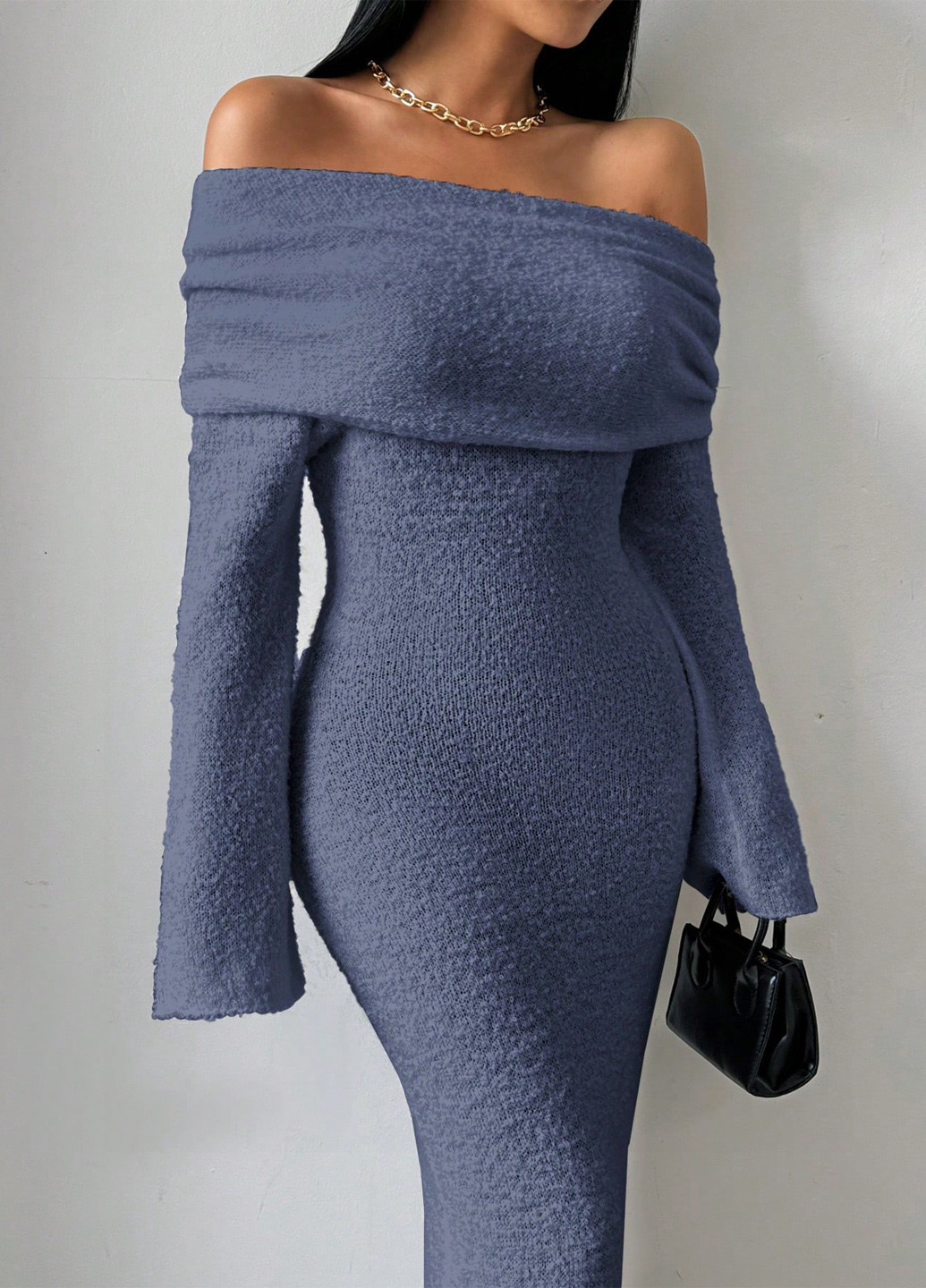 Серо-синее коктейльное, кэжуал платье с открытыми плечами, платье-свитер SHEIN однотонное