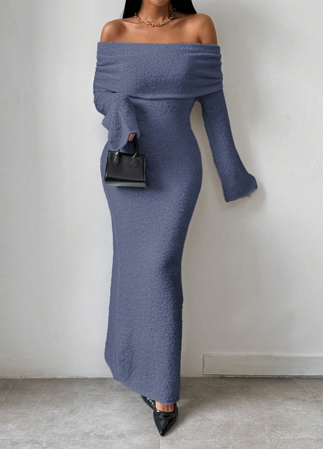 Серо-синее коктейльное, кэжуал платье с открытыми плечами, платье-свитер SHEIN однотонное