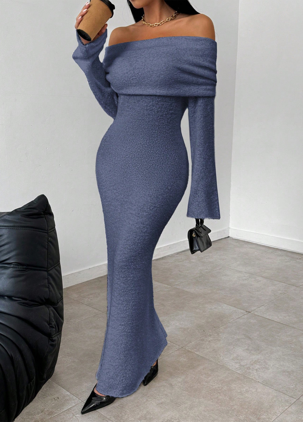 Серо-синее коктейльное, кэжуал платье с открытыми плечами, платье-свитер SHEIN однотонное