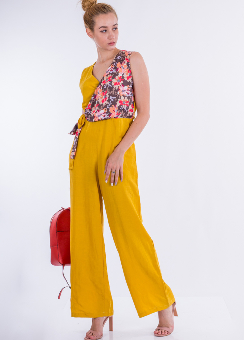 Комбинезон Sarah Chole комбинезон-брюки цветочный жёлтый кэжуал лен, полиэстер
