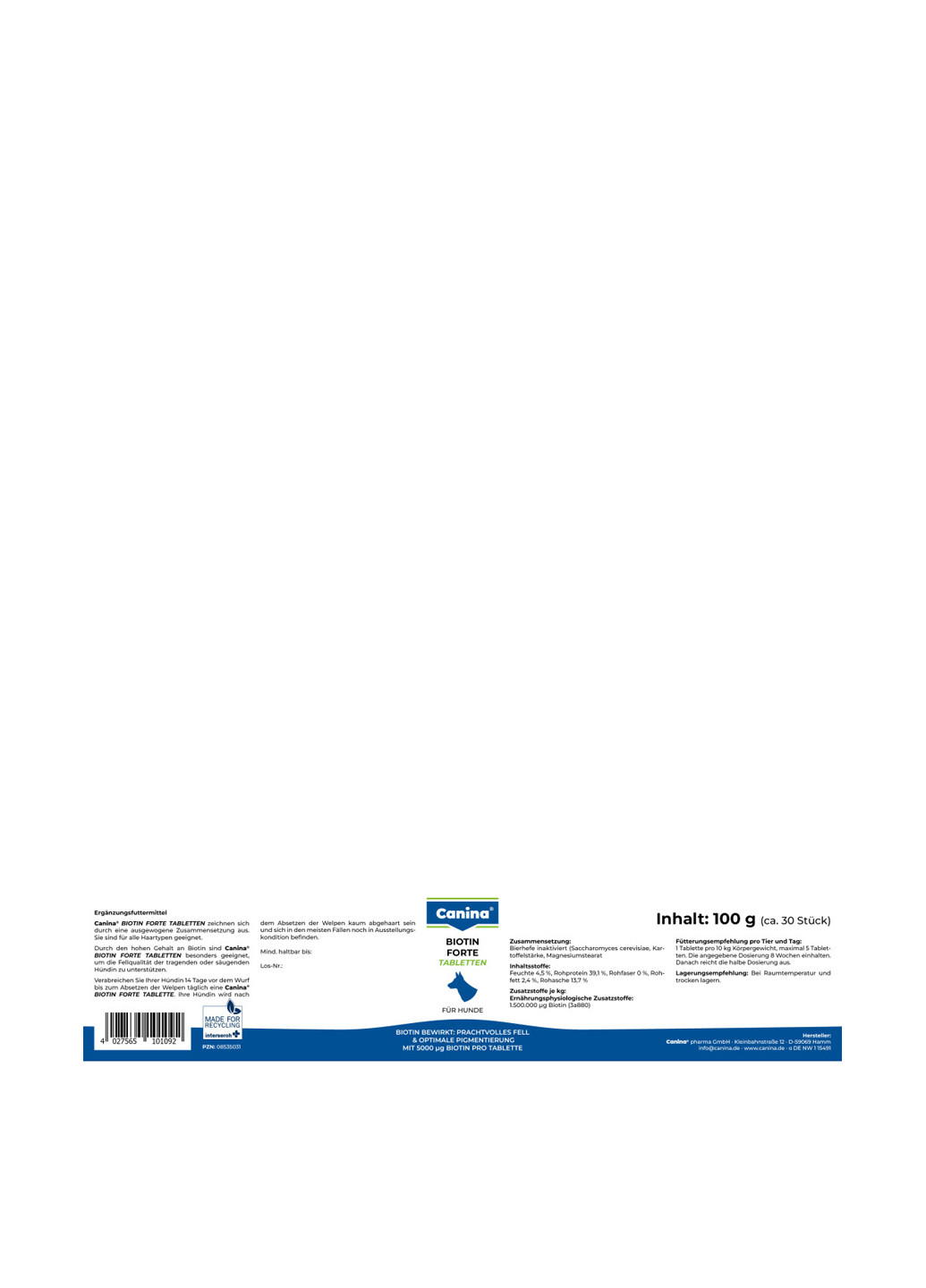 Интенсивный курс для шерсти Biotin forte, 100 г (30 табл.) Canina (9958638)