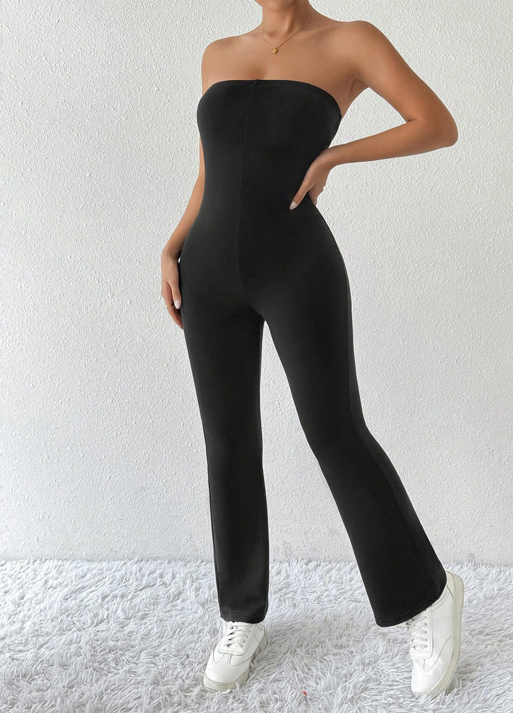 Комбінезон SHEIN комбінезон-брюки однотонний чорний кежуал поліестер, трикотаж