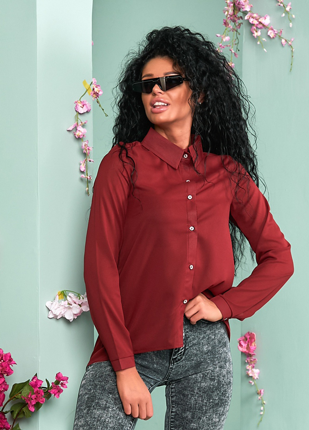 Бордовая кэжуал рубашка однотонная Lady Style