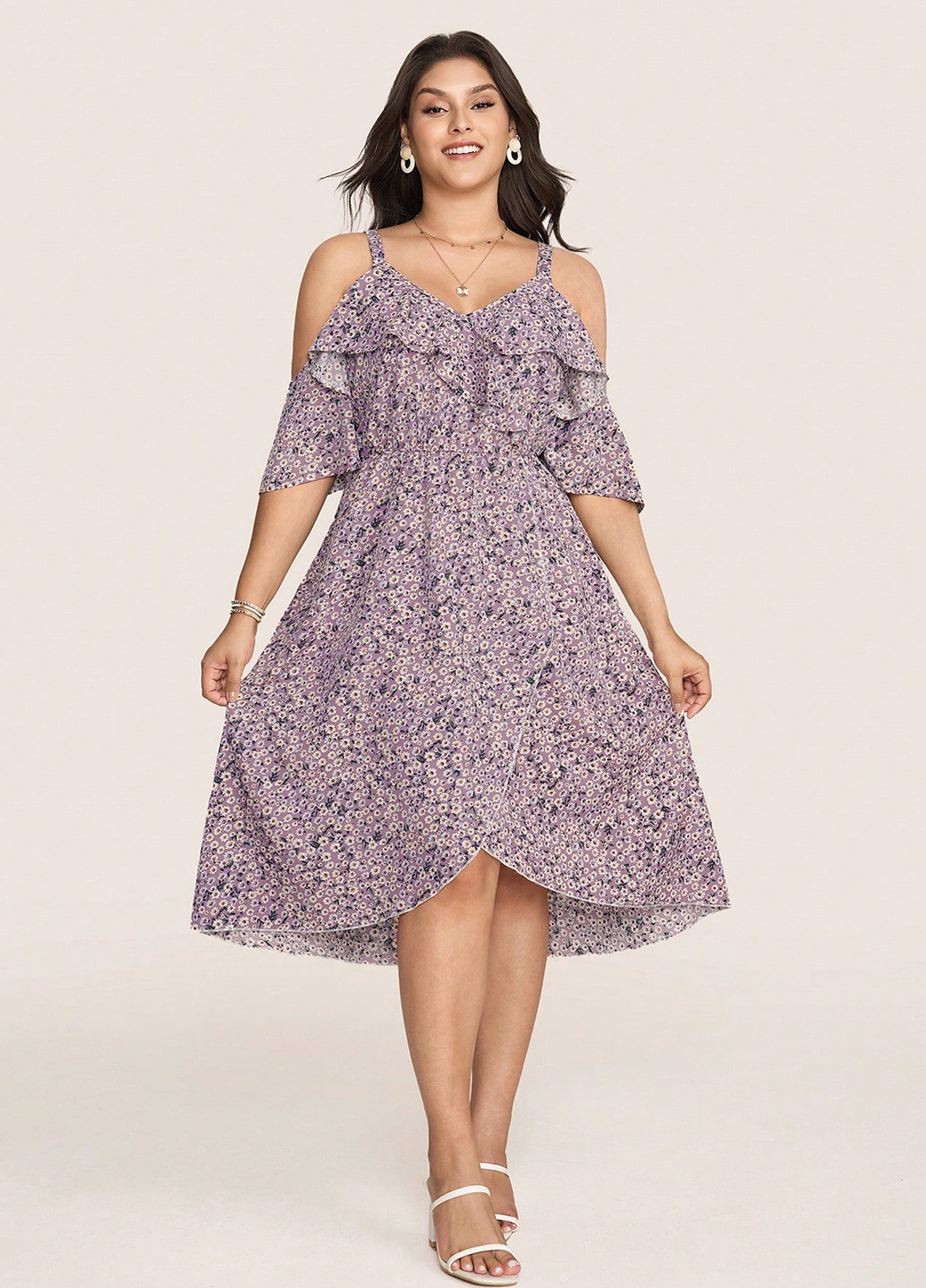 Фіолетова кежуал сукня на запах, з відкритими плечима SHEIN з квітковим принтом