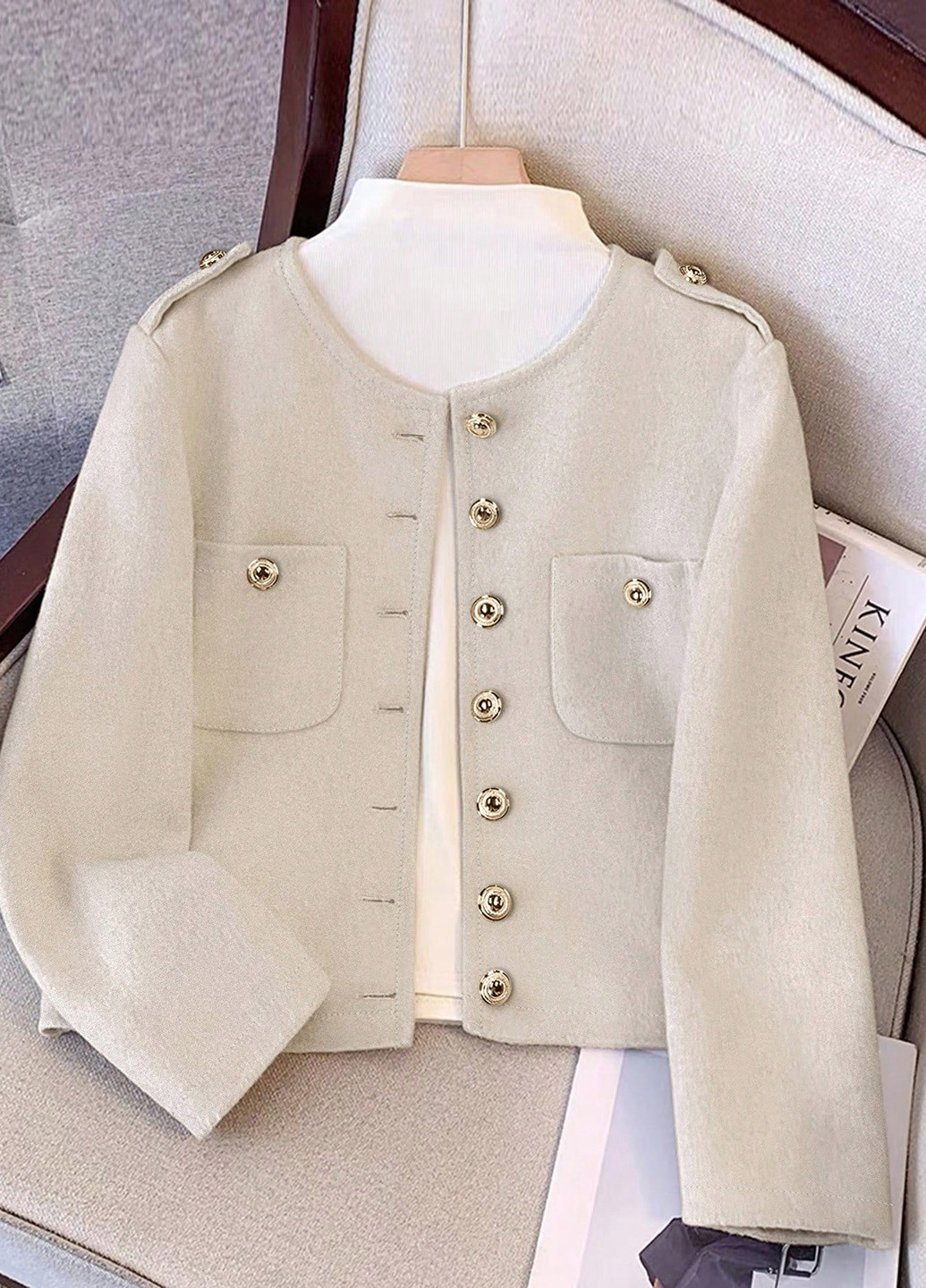 Светло-бежевое Кэжуал полупальто однобортное SHEIN однотонное