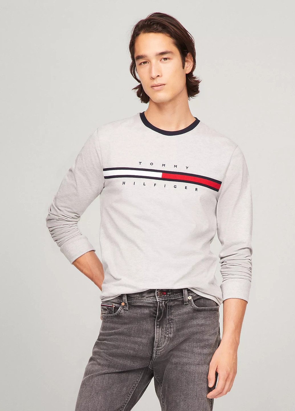 Светло-серый демисезонный кэжуал лонгслив Tommy Hilfiger меланж