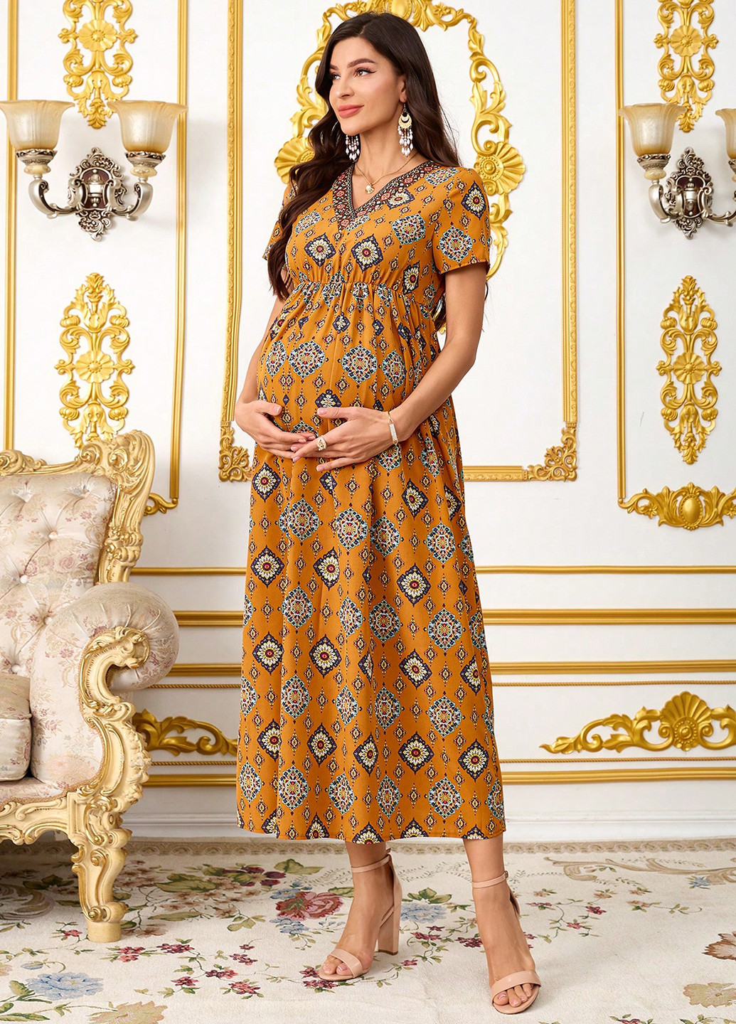 Оранжевое кэжуал платье а-силуэт SHEIN с рисунком