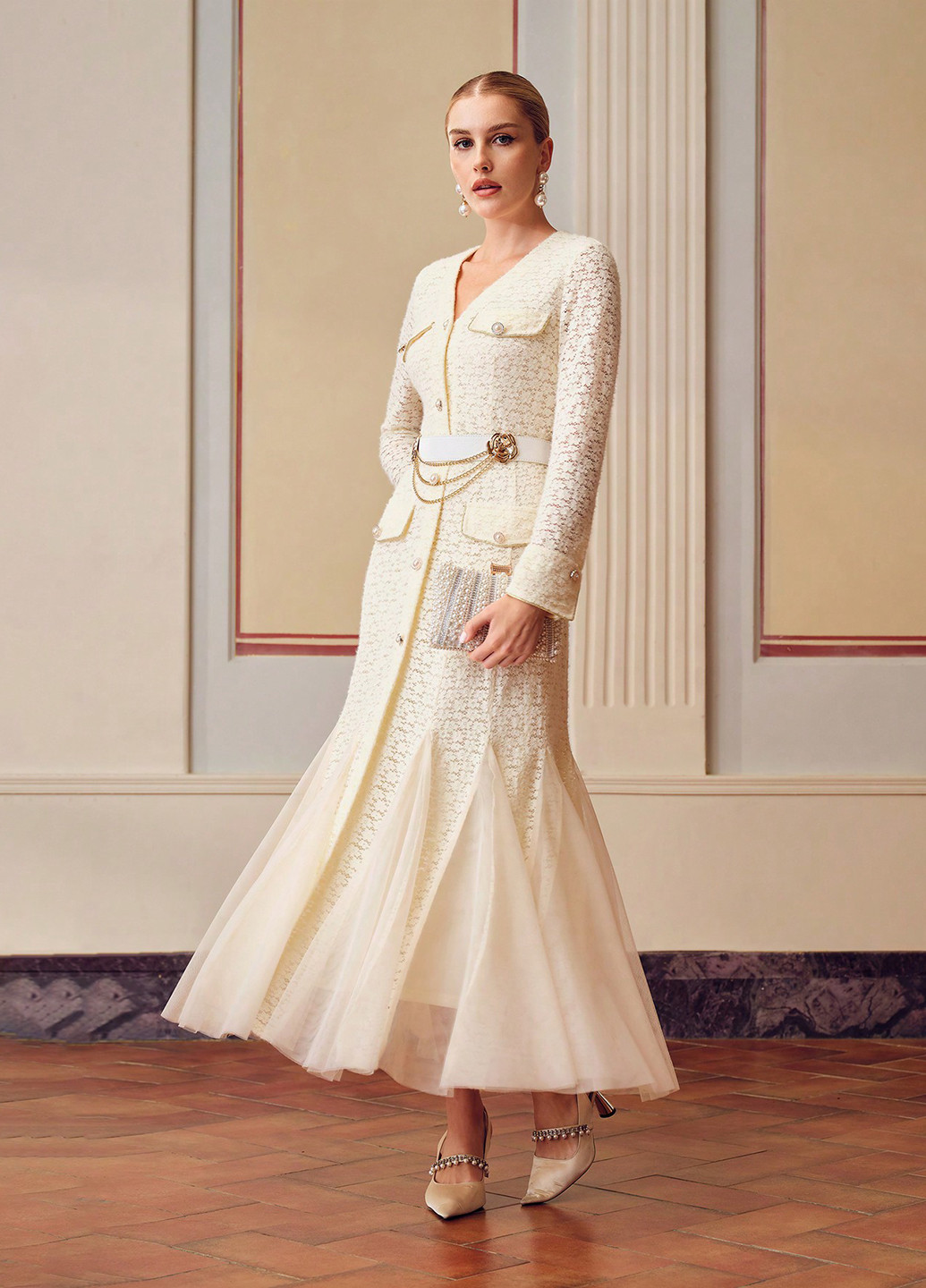 Кремовое праздничный платье годе, платье-жакет SHEIN однотонное