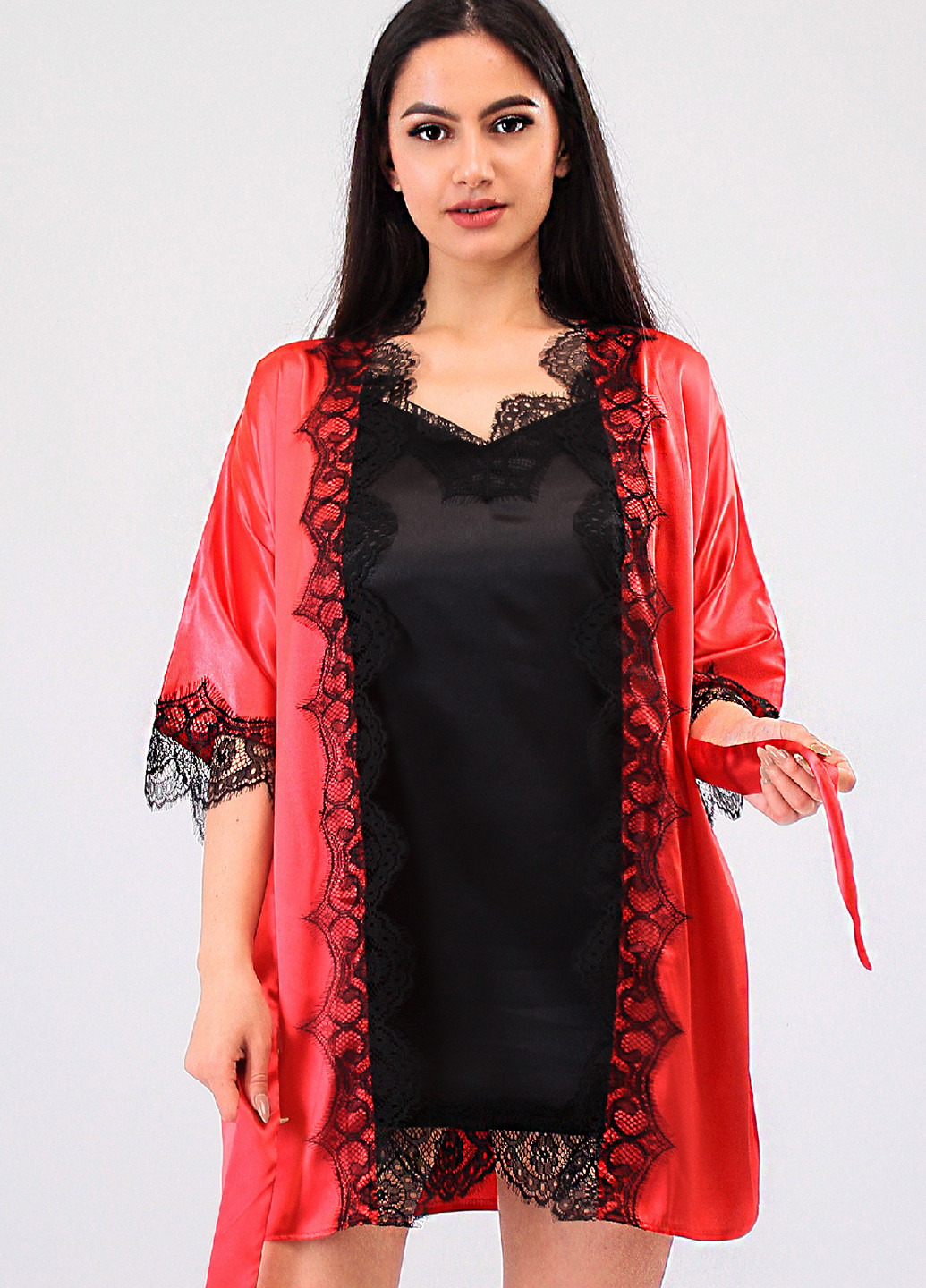 Светло-красный демисезонный комплект (ночная рубашка, халат) Ghazel