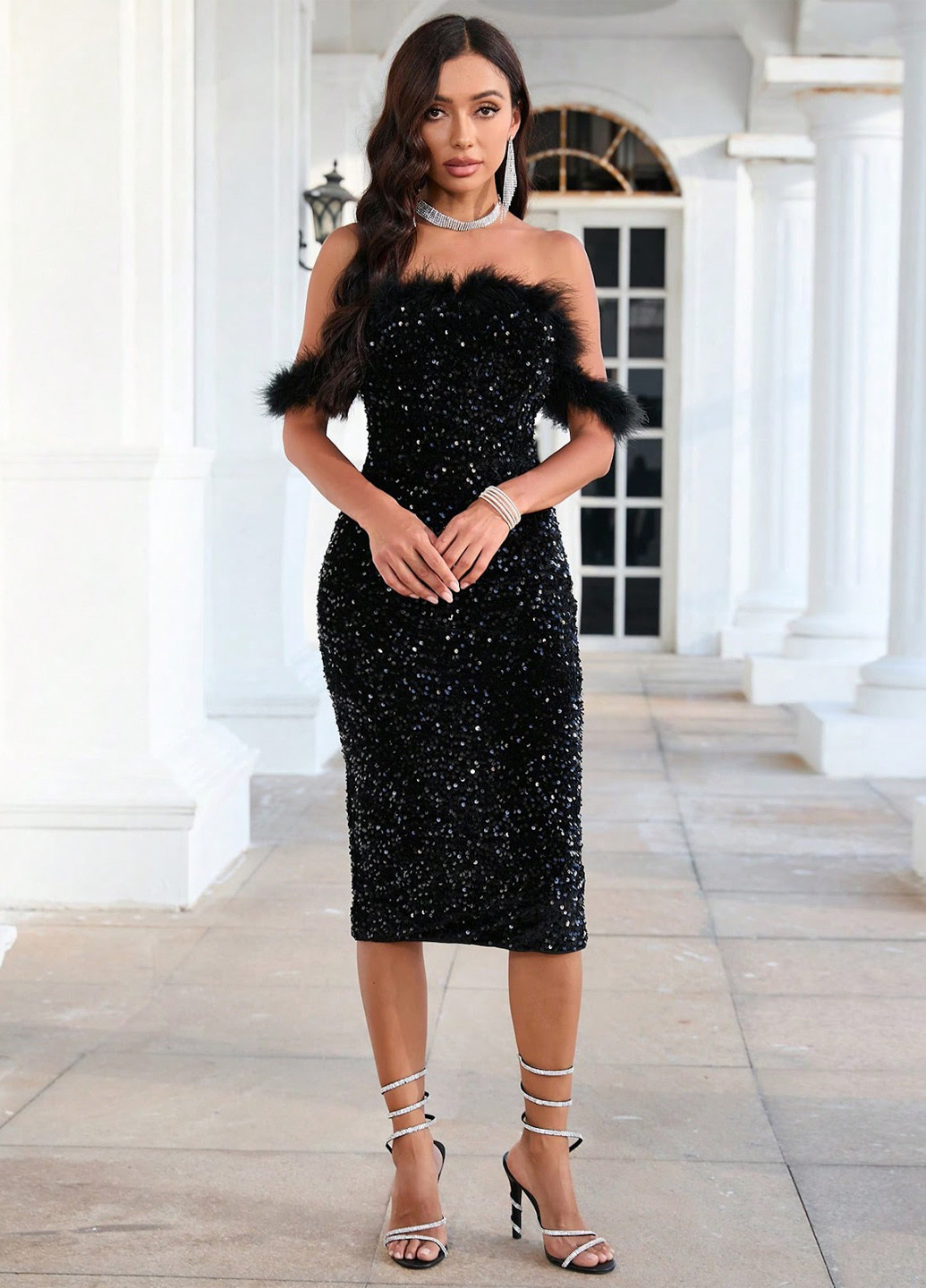 Чорна вечірня сукня з відкритими плечима, футляр SHEIN однотонна