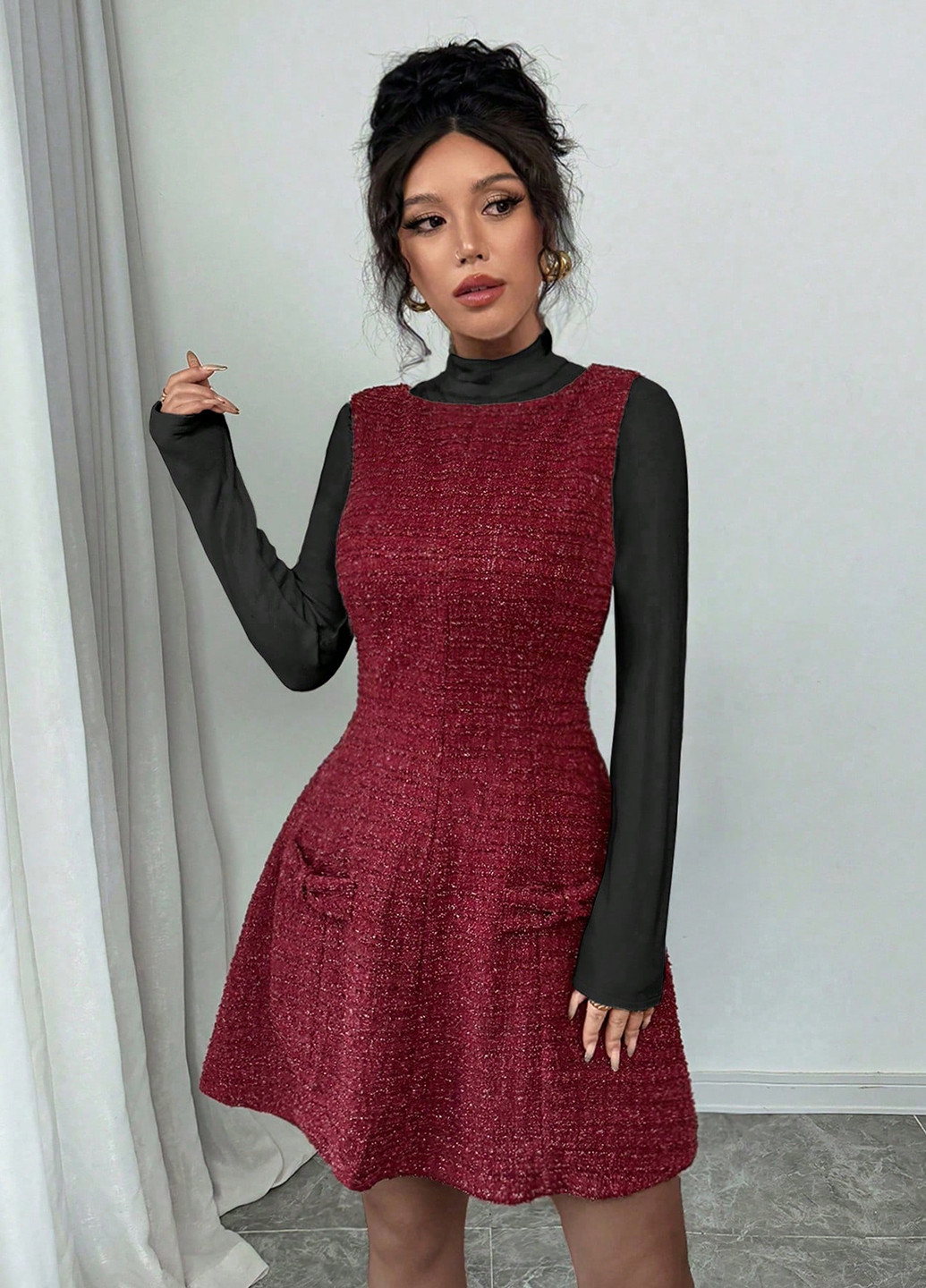 Бордовое праздничный, деловое, кэжуал платье клеш, а-силуэт SHEIN однотонное