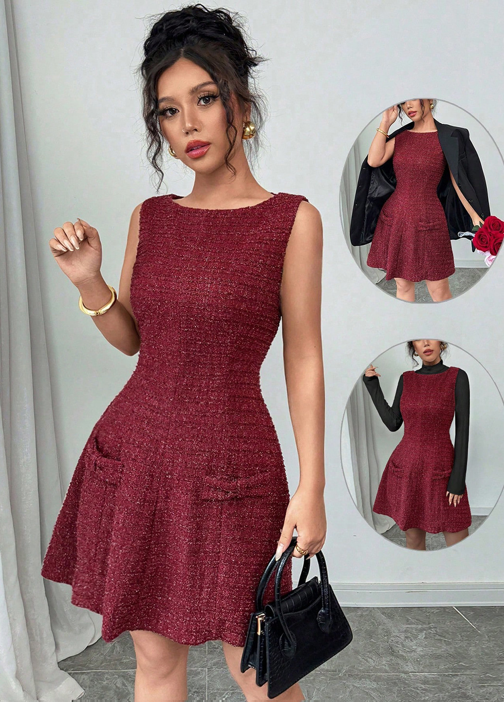 Бордовое праздничный, деловое, кэжуал платье клеш, а-силуэт SHEIN однотонное