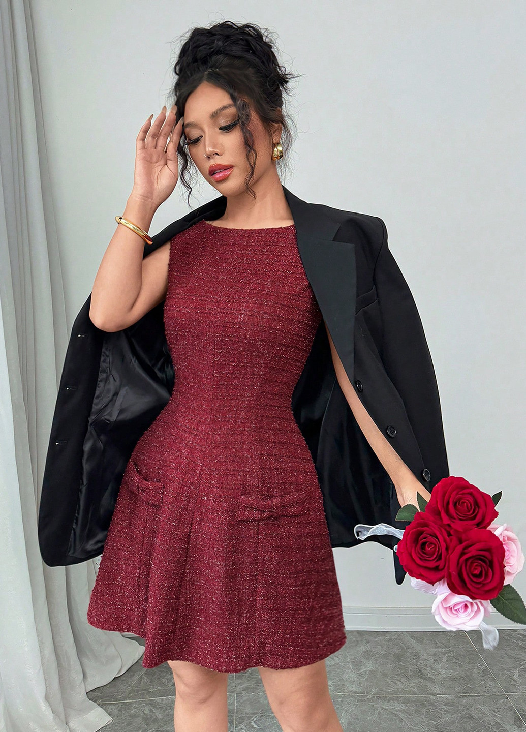 Бордовое праздничный, деловое, кэжуал платье клеш, а-силуэт SHEIN однотонное