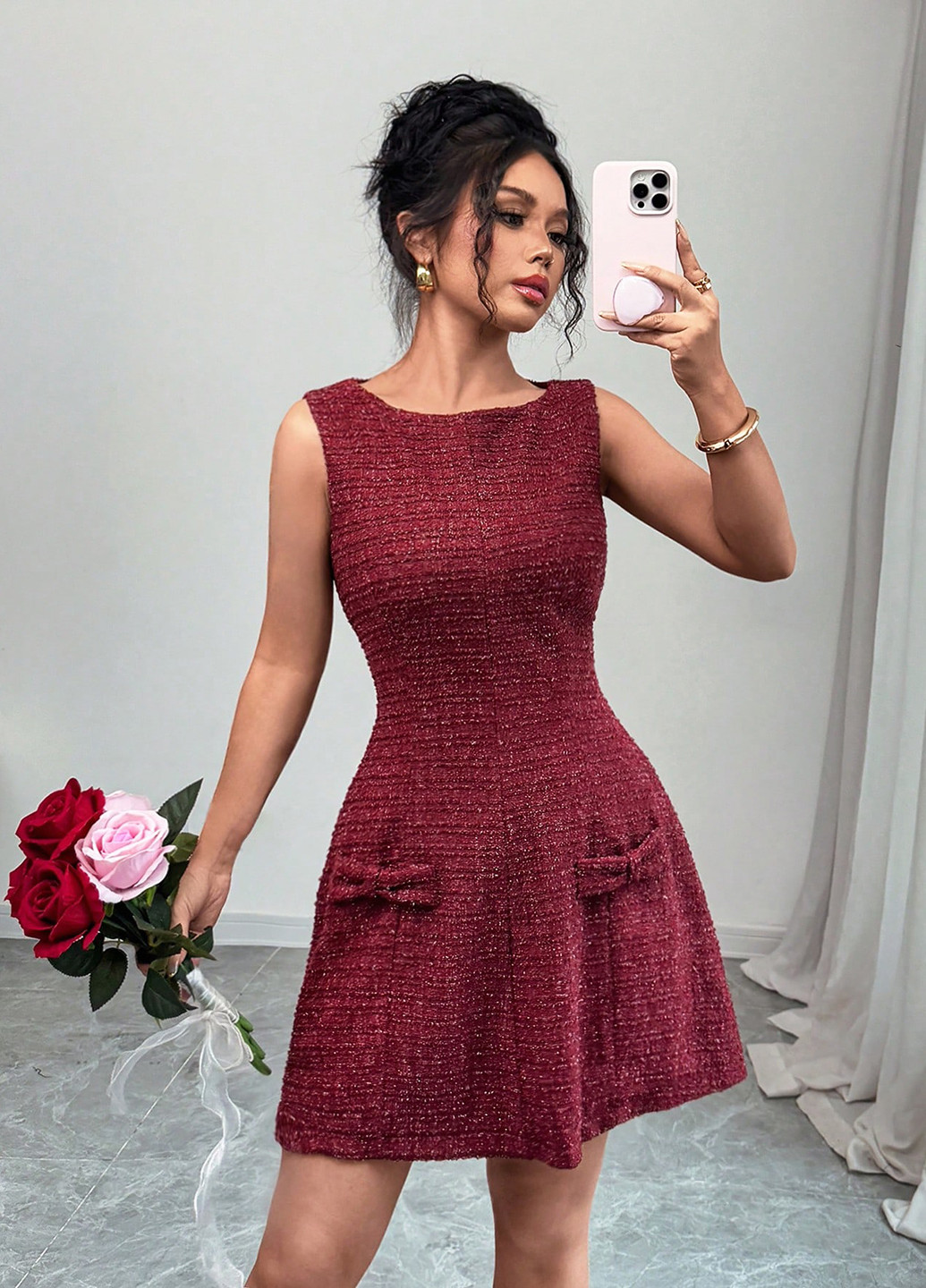 Бордовое праздничный, деловое, кэжуал платье клеш, а-силуэт SHEIN однотонное