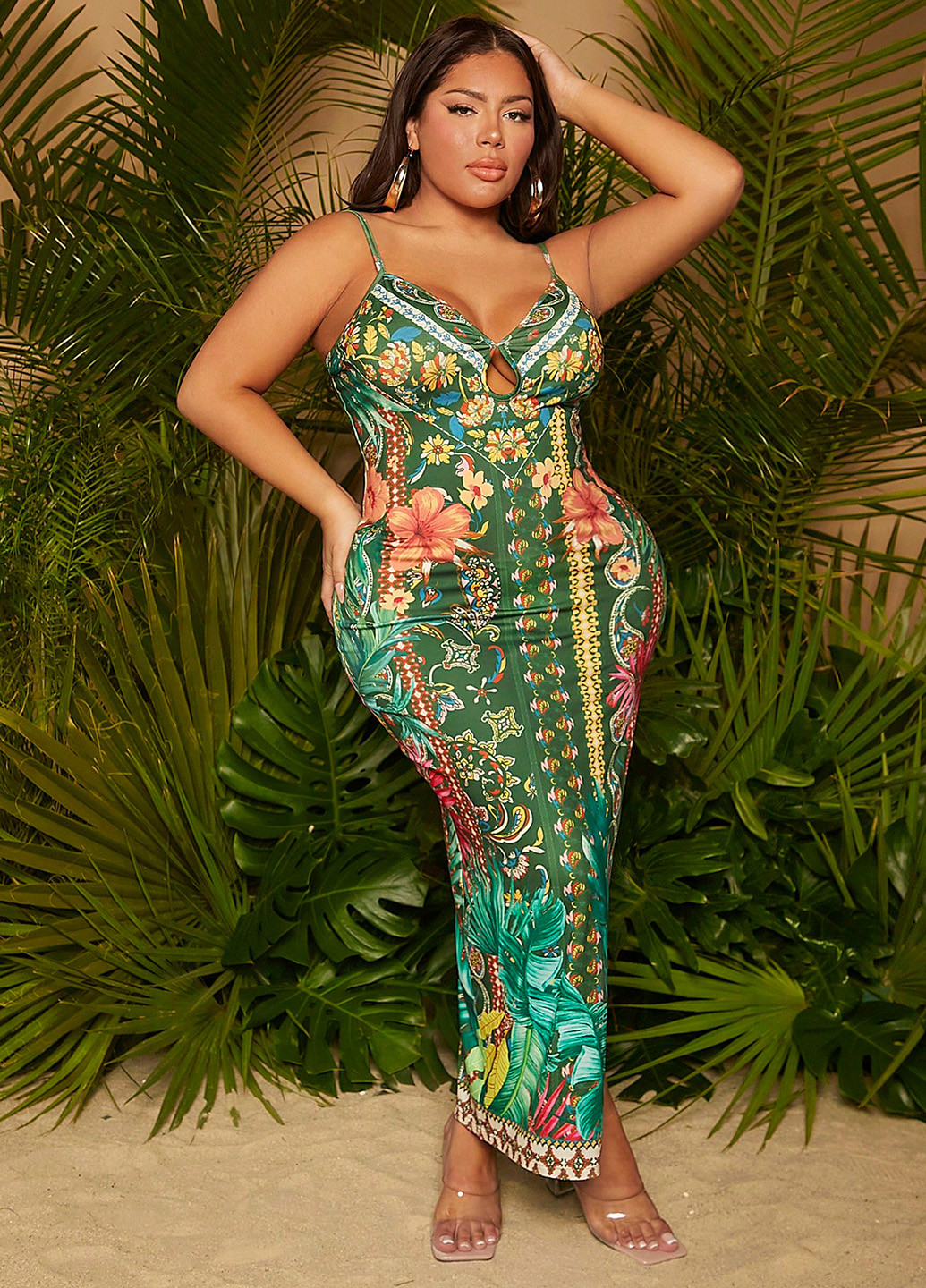 Зеленое кэжуал платье силуэтная SHEIN с цветочным принтом