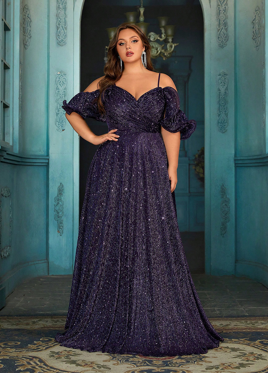 Темно-фіолетова вечірня сукня з спідницею-сонце, в стилі армпір, з відкритими плечима, плісована SHEIN з візерунком "перець з сіллю"