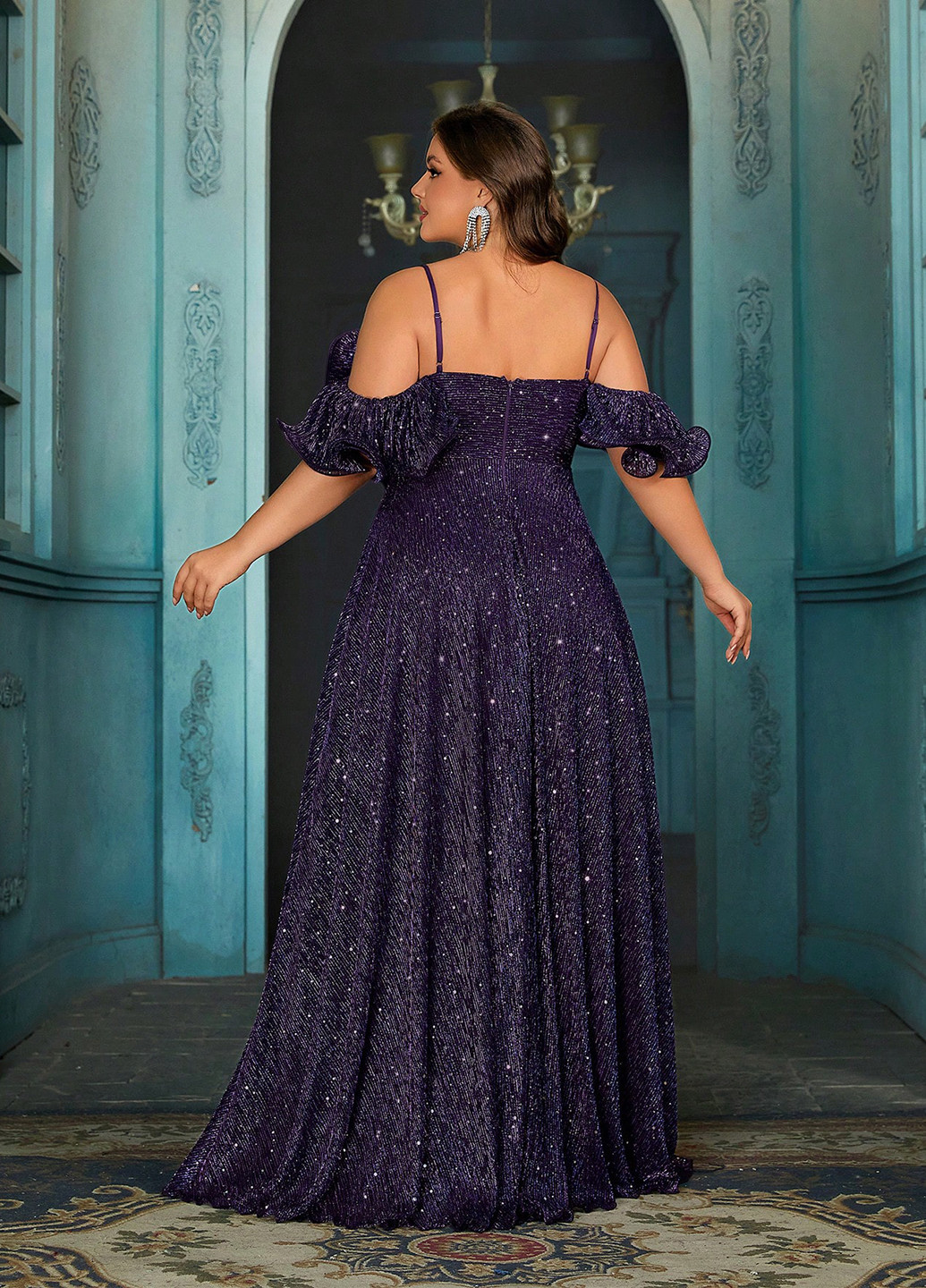 Темно-фіолетова вечірня сукня з спідницею-сонце, в стилі армпір, з відкритими плечима, плісована SHEIN з візерунком "перець з сіллю"