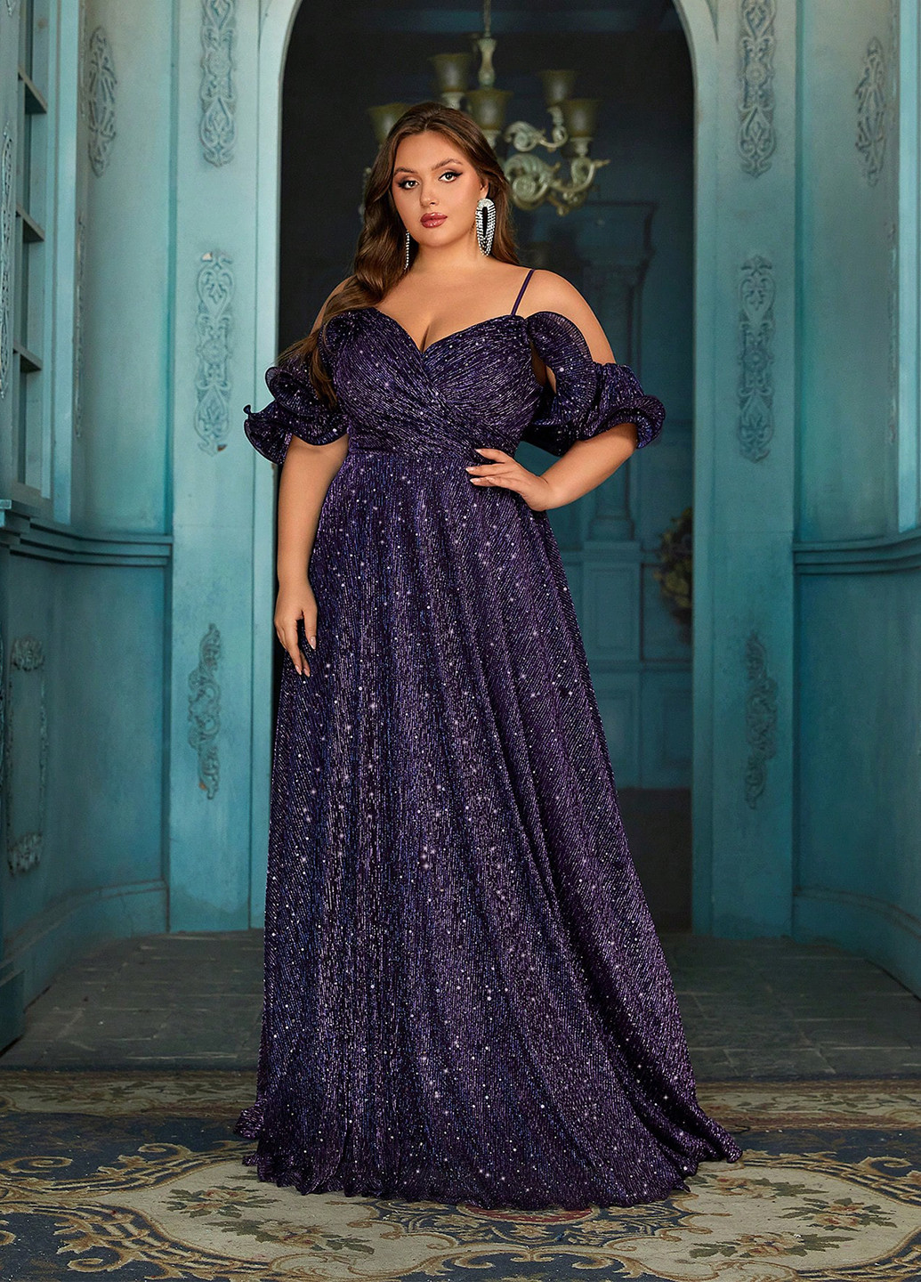 Темно-фіолетова вечірня сукня з спідницею-сонце, в стилі армпір, з відкритими плечима, плісована SHEIN з візерунком "перець з сіллю"