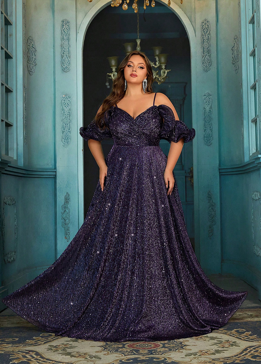 Темно-фіолетова вечірня сукня з спідницею-сонце, в стилі армпір, з відкритими плечима, плісована SHEIN з візерунком "перець з сіллю"