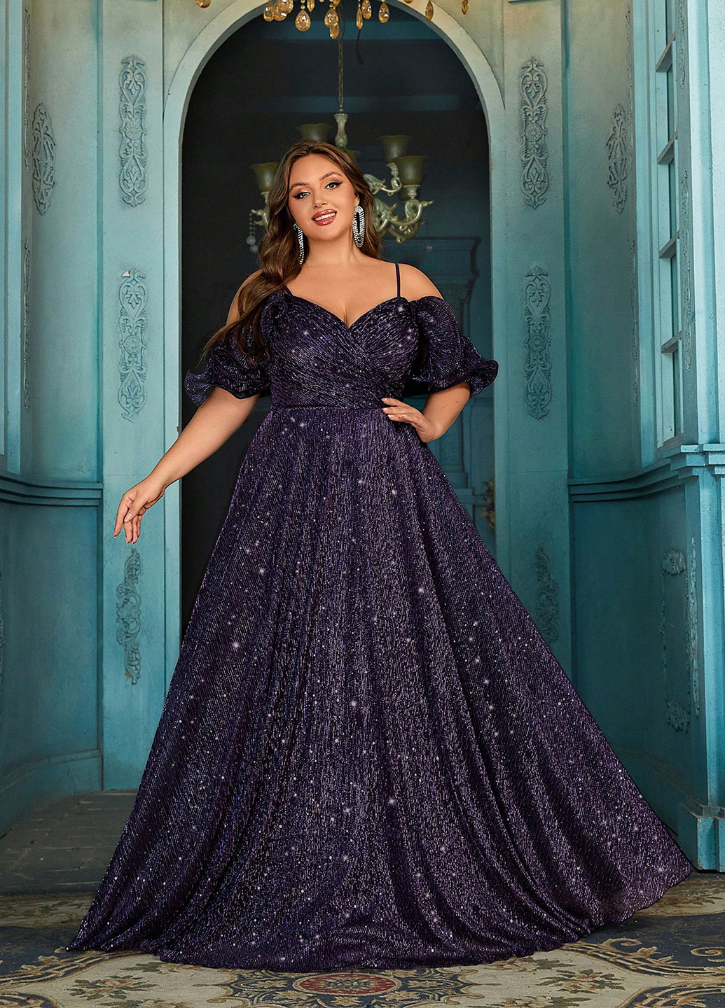 Темно-фіолетова вечірня сукня з спідницею-сонце, в стилі армпір, з відкритими плечима, плісована SHEIN з візерунком "перець з сіллю"